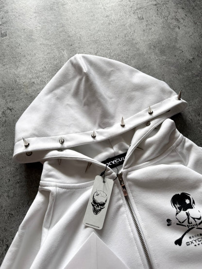 Skull Spikes Zip Hoodie White | Hoodies by Oxycult