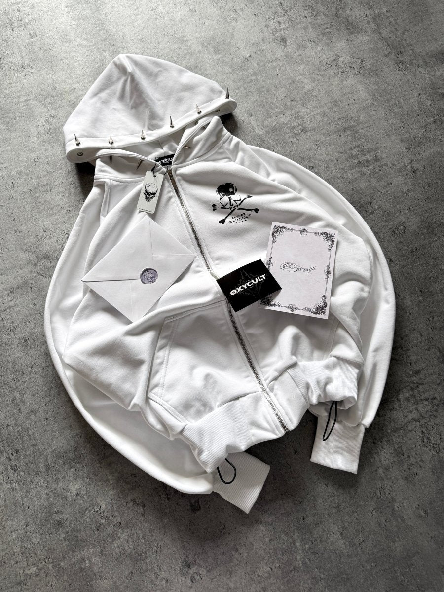 Skull Spikes Zip Hoodie White | Hoodies by Oxycult