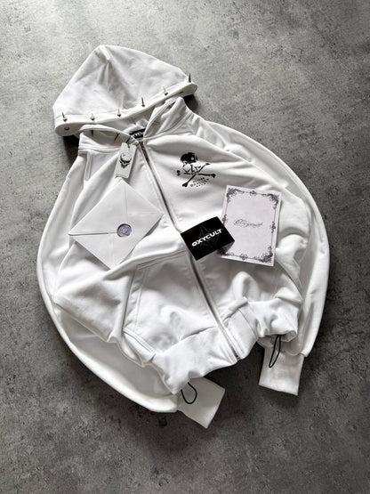 Skull Spikes Zip Hoodie White | Hoodies by Oxycult